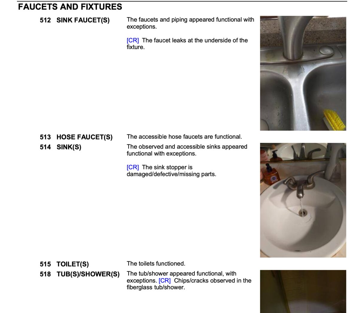Pages from an inspection report showing photographs of each defect alongside the written findings